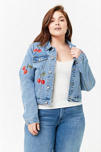 Plus Size Embroidered Cherry Denim Jacket