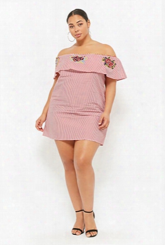 Plus Size Embroidered Striped Off-the-shoulder Dress