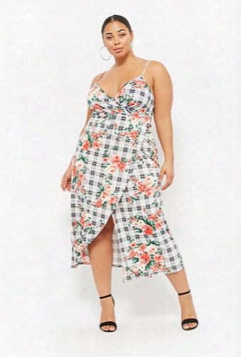 Plus Size Floral & Plaid Faux-wrap Dress