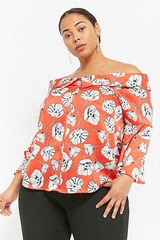 Plus Size Floral Crepe Off-the-shoulder Shirt