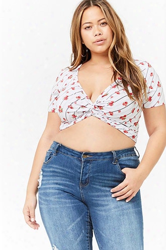 Plus Size Floral Twist-front Crop Top