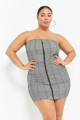 Plus Size Houndstooth Zip-front Tube Dress