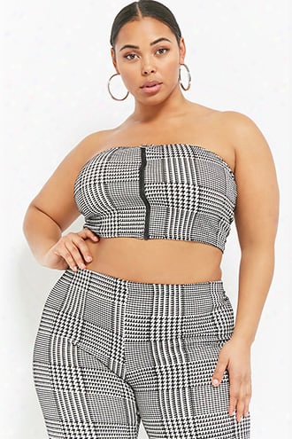 Plus Size Houndstooth Zip-front Tube Top