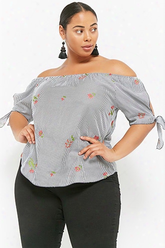 Plus Size Pinstriped Floral Embroidered Top