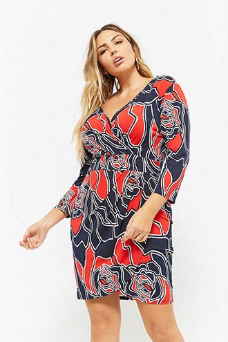 Plus Size Rose Print Surplice Dress