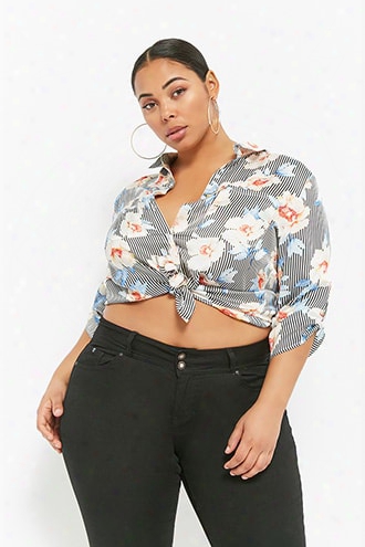 Plus Size Satin Striped & Floral Print Shirt