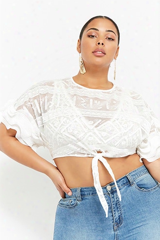 Plus Size Sheer Embroidered Tie-front Top