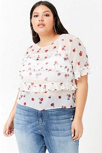 Plus Size Sheer Floral Ruffle Top