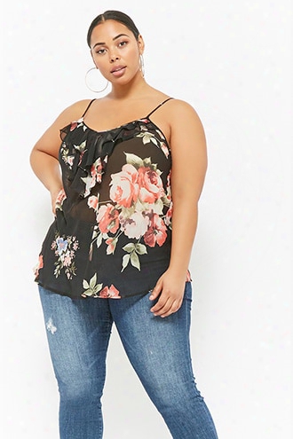 Plus Size Sheer Floral Ruffle-trim Cami