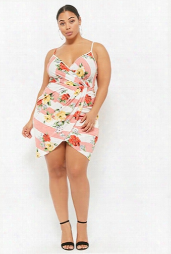 Plus Size Striped & Floral Faux-wrap Dress