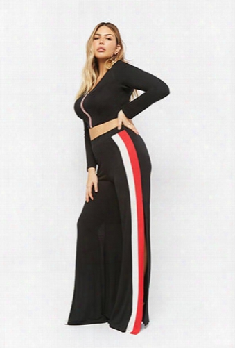 Plus Size Striped Crop Top & Split-leg Pants Set