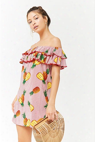 Striped Pineapple Print Off-the-shoulder Dress