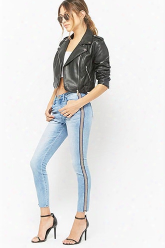 Striped Raw-cut Skinny Ankle Jeans