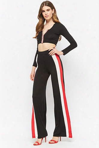 Striped Zip-front Crop Top & High-rise Pants Set