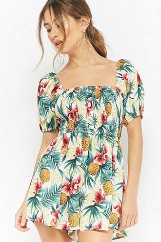 Tropical Print Off-the-shoulder Smocked Romper