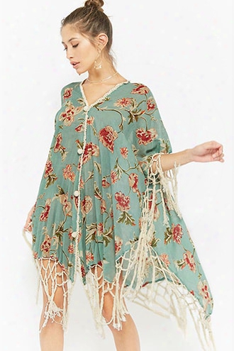 Z&l Europe Floral Crochet-trim Fringe Kimono