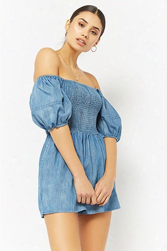 Chambray Smocked Off-the-shoulder Romper