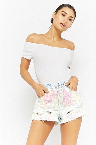 Distressed Iridescent Sequin Denim Shorts