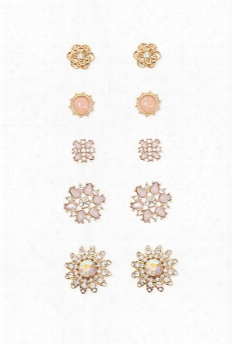 Faux Gem Flower Stud Earring Set