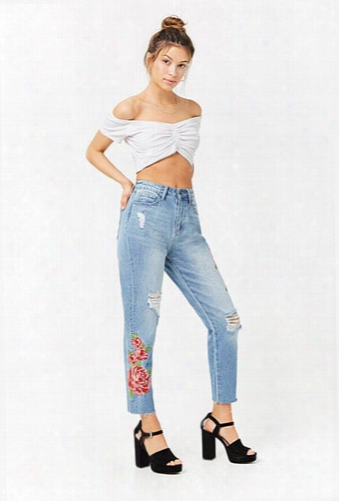 Floral Embroidered High-rise Ankle Jeans