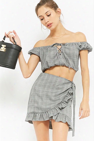 Glen Plaid Off-the-shoulder Lace-up Crop Top