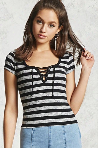 Marled-stripe Lace-up Top