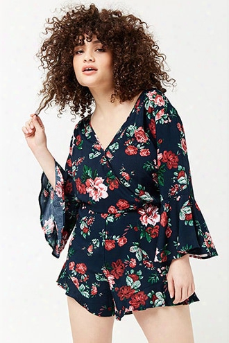 Plus Size Floral Surplice Ruffle-trim Romper