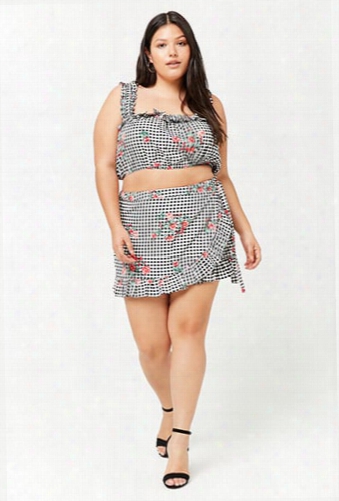 Plus Size Gingham & Floral Print Wrap Skorrt