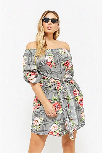 Plus Size Glen Plaid & Floral Print Of-fthe-shoulder Dress