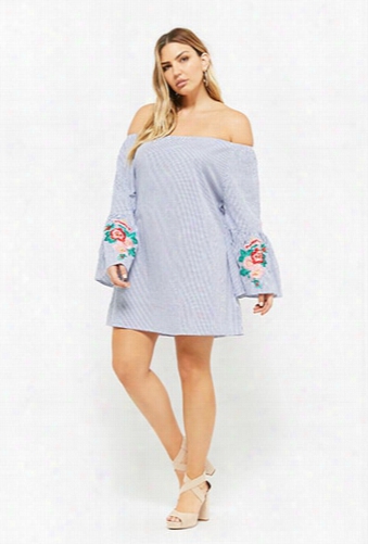 Plus Size Pinstriped Embroidered Floral Mini Dress