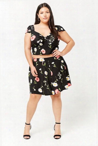 Plus Size Pleated Floral Skater Skirt