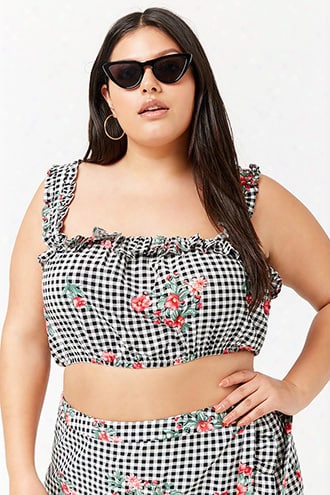 Plus Size Ruffled Gingham & Floral Print Crop Top