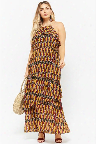 Plus Size Tiered Leaf Print Maxi Dress