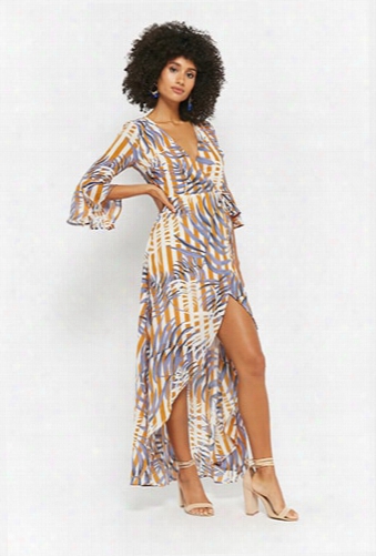 Striped & Foliage Print Wrap Maxi Dress