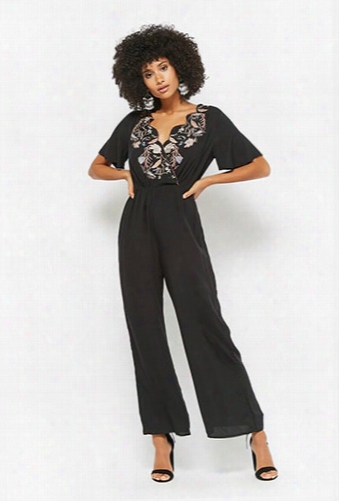 Embroidered Floral Surplice Jumpsuit