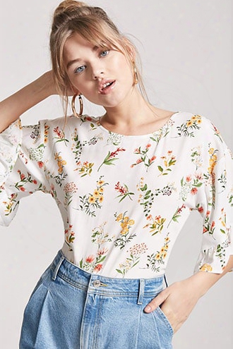 Floral Print Flounce-sleeve Top
