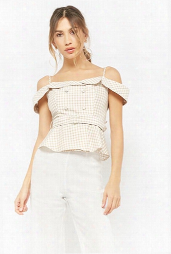 Gingham Open-shoulder Double-breasted Top