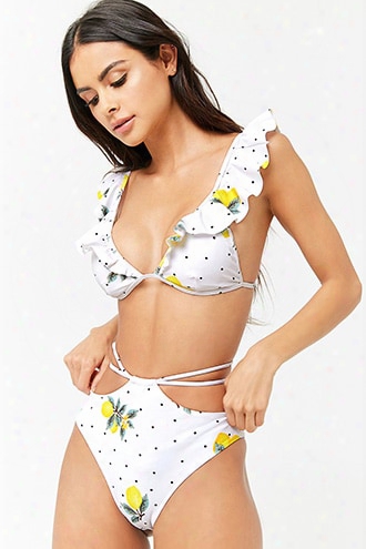 Lemon & Polka Dot Print High-waisted Bikini Bottoms