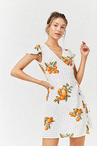 Orange Floral Polka Dot Surplice Dress
