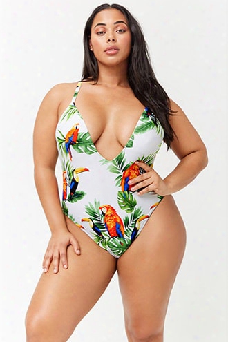 Plus Size Bird & Leaf Print One-piece Swimsuit