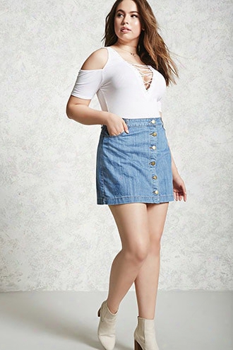 Plus Size Button Denim Skirt