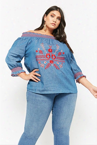 Plus Size Embroidered Off-ths-shoulder Peasant Top