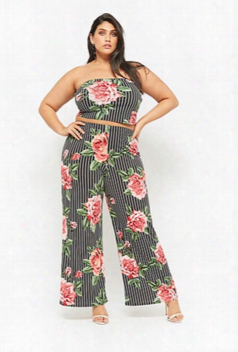 Plus Size Floral & Striped Wide-leg Pants