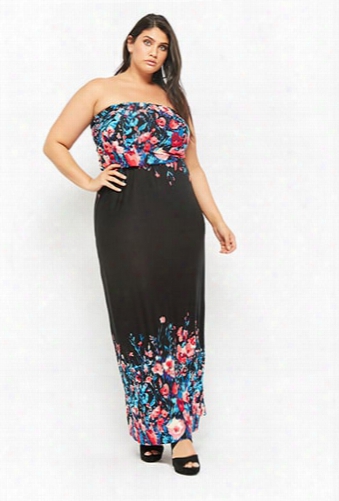 Plus Size Floral Print Strapless Maxi Dress