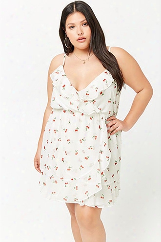 Plus Size Flounce-trim Cherry Print Dress