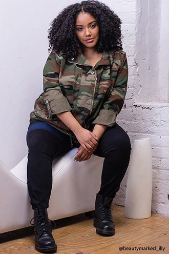 Plus Size Hooded Camo Utility Jacket