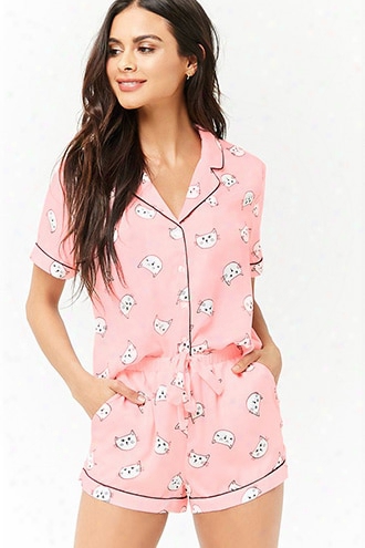 Satin Cat Graphic Pajama Shirt & Shorts Set