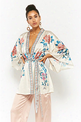 Satin Floral Self-tie Kimono