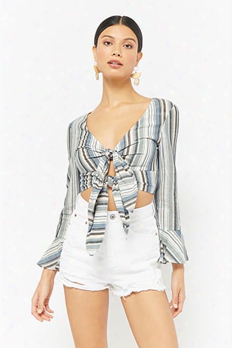 Striped Tie-front Bell-sleeve Crop Top