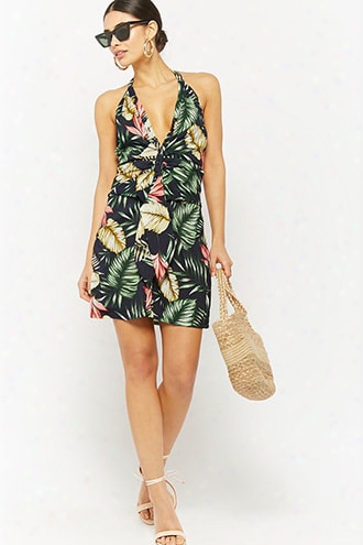 Tropical Print Tie-front Halter Dress